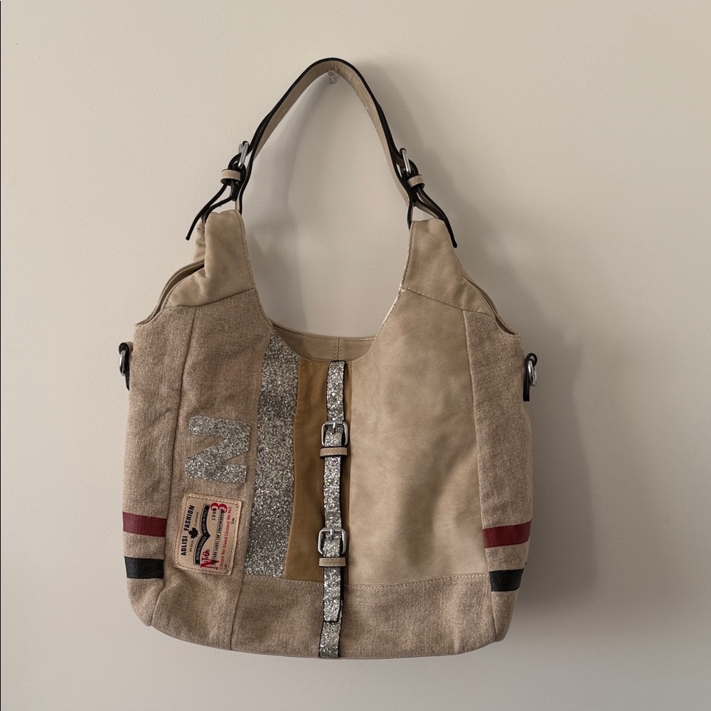 Stylish Tan and Silver Women's Bag with linen accents